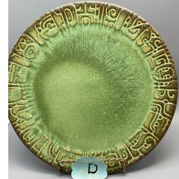 Vintage Mayan Aztec Frankoma Dinner plate Rutile Glaze Prairie Green Each Unique - Picture 6 of 10